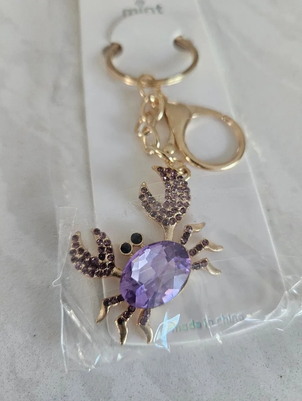 Mint Gold Crab Keychain with Purple Gem